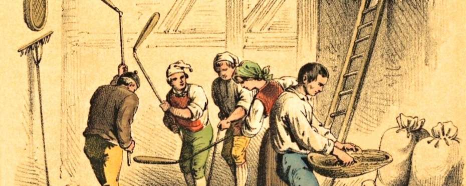 Z vesnického mlatu, když se mlátilo cepy - lidové zvyky a tradice