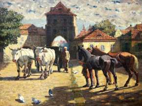o čeládce_František_Xaver_Procházka_–_U_městské_brány_(1917).jpg